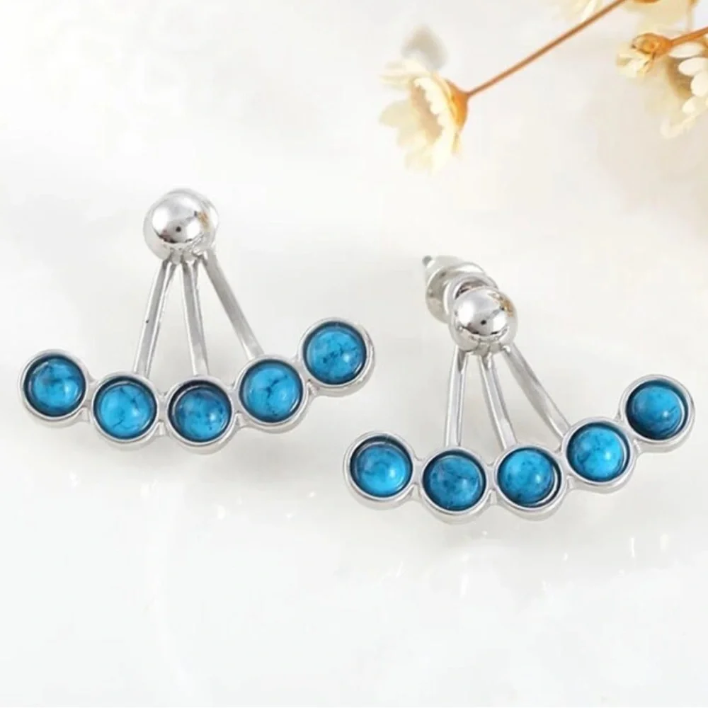 Turquoise Climber Bohemian Hippie 925 Sterling Silver Stone Minimalist Earring - Picture 5 of 6